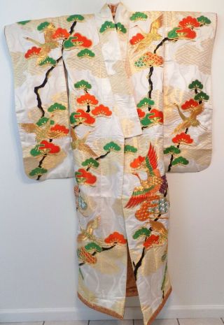 Vintage Long White Handmade Silk Colorful Japanese Kimono Robe Ceremonial