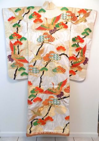 Vintage Long White Handmade Silk Colorful Japanese Kimono Robe Ceremonial 2
