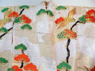Vintage Long White Handmade Silk Colorful Japanese Kimono Robe Ceremonial 6