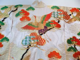 Vintage Long White Handmade Silk Colorful Japanese Kimono Robe Ceremonial 7