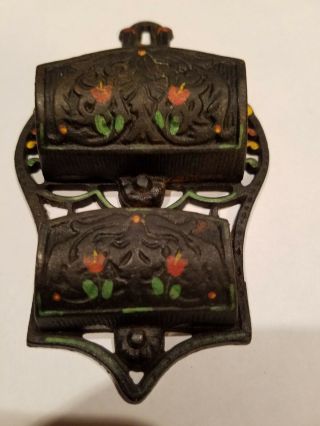 Antique WILTON DOUBLE WALL POCKET MATCH HOLDER Cast Iron Hand Painted Colorful 3