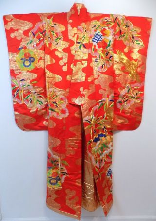 Vintage Long Red Handmade Silk Colorful Japanese Kimono Robe Ceremonial