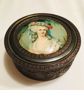 Vintage Pncw Metal Brass Powder Trinket Box With Victorian Lady & Mirrored Lid