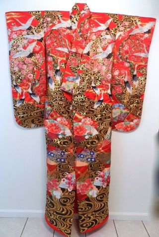 Vintage Long Red Handmade Silk Colorful Crane Japanese Kimono Robe Ceremonial