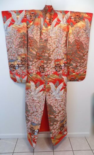 Vintage Long Orange Crane Handmade Silk Colorful Japanese Kimono Robe Ceremonial