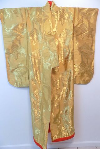 Vintage Long Gold Handmade Silk Colorful Japanese Kimono Robe Ceremonial