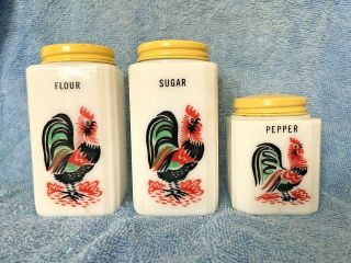 Set Of Three Vintage Tipp Usa Milk Glass Hoosier /rangetop Canisters