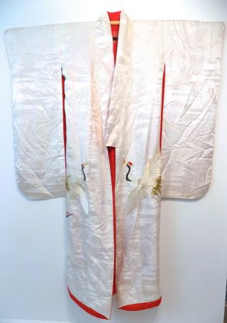 Vintage Long Cream Crane Handmade Silk Colorful Japanese Kimono Robe Ceremonial