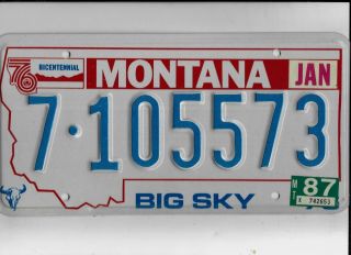 Montana Passenger 1987 License Plate " 7 - 105573 " Bicentennial Flathead