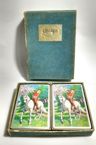 Antique Vintage Congress Playing Cards Cel - U - Tone Finish Lady On Horse