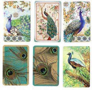 Six (6) X Deco Birds Colourful Peacocks Single Vintage Swap/playing Cards