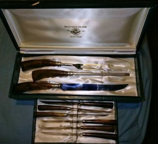 Vintage Sheffield Stainless E Parker & Sons Carving Set & 6 Steak Knives 3709