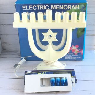 Vintage Electric Menorah White Plastic With Blue Bulbs Hanukkah