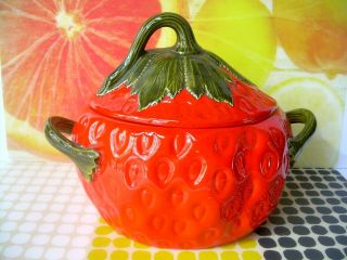 Vtg Strawberry Cookie Jar Canister Hand Painted Ceramic Handled