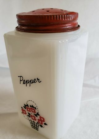 Vintage 1930 ' s Tipp City Flower Basket Milk Glass Range Pepper Shaker Red Lid 2