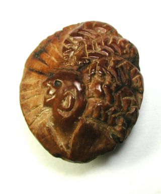 Vintage Hand Carved Peach Pit Button Native American Bk Mk Max Prison Art 3/4 "