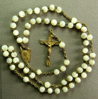 French Antique Rosary Brass Crucifix Mother Of Pearl Rosarie