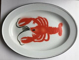 Vintage Red White Enamel Ware Large Metal Lobster Platter Serving Tray 17 - 3/4 "