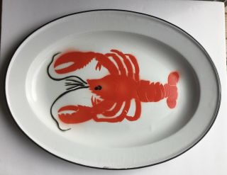 Vintage Red White Enameled Large 17 - 3/4 " Metal Red Lobster Platter Serving Tray