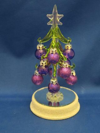 Green Glass Miniature Christmas Tree W/ Purple Ornament Balls 7.  75 " Lights Up