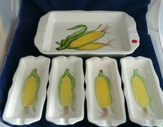 Set 4 Corn On Cob Dishes With Platter Vintage Yellow Green Jsc Design