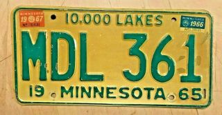 1965 1966 1967 Minnesota Passenger License Plate " Mdl 361 " Mn 10.  000 Lakes