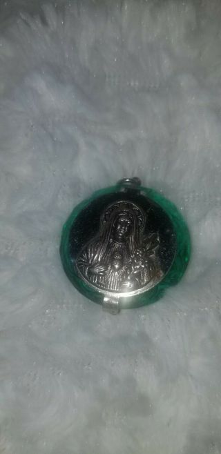 Vintage Antique Czech Teal Glass Silver Metal Miniature Rosary Box Case Pendant