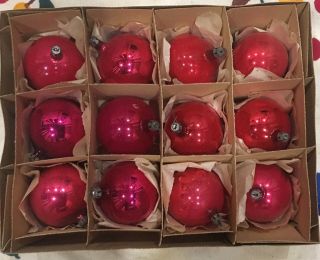 12 Vintage Fantasia Poland 2 3/8 " Christmas Tree Ornaments Red Glass Balls