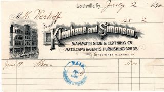 Louisville Kentucky Early Receipt Kleinhans & Simonson Shoes Clothing Hats 1894