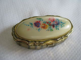 Sweet Vintage Gold Tone Pill Box Pillbox Hinged Lid Plastic Painted Floral