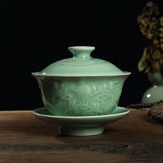 Chinese Porcelain Gaiwan Dragon Relief Longquan Celadon Tureen Ceramic Cup Bowl