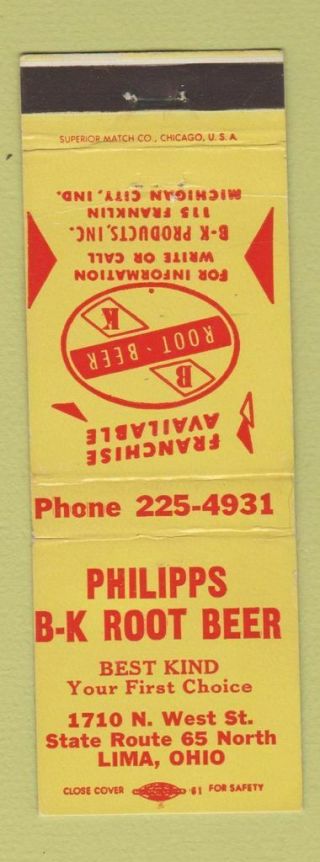 Matchbook Cover - Phillips Bk Root Beer Soda Lima Oh Michigan City In
