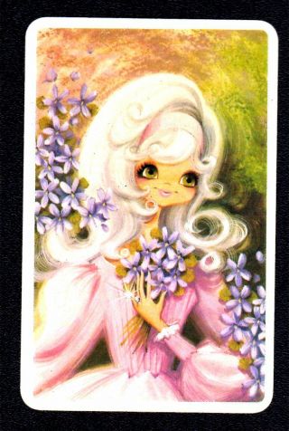 Vintage Joy Swap Card - Pretty Girl With Mauve Flowers (blank Back)