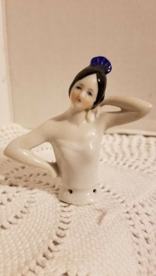 Vintage Half Doll Porcelain Germany Sewing Cushion Figurine Blue Feather Hat