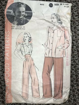 Hollywood Pattern 1940’s Betty Grable 402 Shirt Slacks 36 Bust 39 Hip Complete