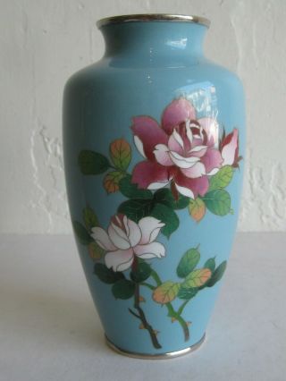 Fine Old Antique Japanese Blue Cloisonne Enamel Floral Vase W/roses 7.  5 "