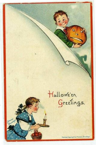 1913 Halloween Greetings Girl Candle Boy Pumpkin Frances Brundage Pub Postcard