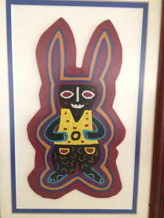 Double Mola Folk Art Textile Kuna Indian Panama Black Rabbit Dressed In Clothes