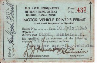 1946 Canal Zone Us Navy Headquarters 15th Naval District Driver 