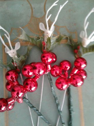 Vintage Christmas Craft Picks Reindeer & Red Mercury Glass Balls