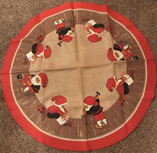 Vintage Round Table Cover Card Table Christmas Burlap Santa’s Helpers 41”