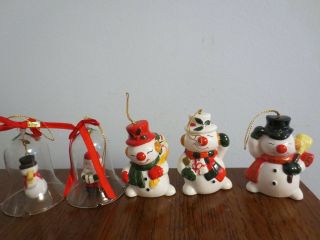 5 Vintage Snowman Santa Bells Christmas Ornaments