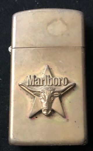 Vintage 1992 Zippo Slim Solid Brass Marlboro Longhorn Bull And Star Lighter