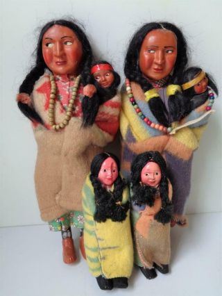 4 Antique Vintage Native American Indian Skookums Dolls With Papoose Baby