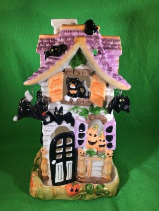 Halloween Tealight Candle House W/base Ceramic Hanging Cat Bats Colorful 10 " Tall