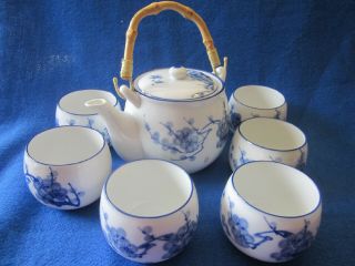 Tea Pot & Small China Cups Japanese Blue Cherry Blossom Decorations Marked