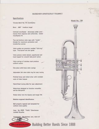 Vintage Ad Sheet 2518 - 1970s Buescher Musical Instrument - Aristocrat Trumpet