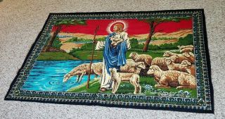 Vintage Cotton Tapestry Made In Turkey Jesus Shepherd With Flock 57 " X 38 "