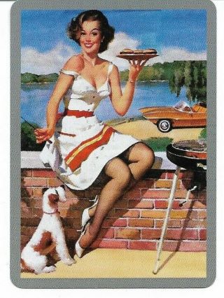 G - 13 Swap Playing Card Cond Vintage Style Pin - Up Girl Making Barbeque