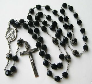 Fine Vintage Sterling Silver Jet Black Glass Beaded Catholic Rosary Beads